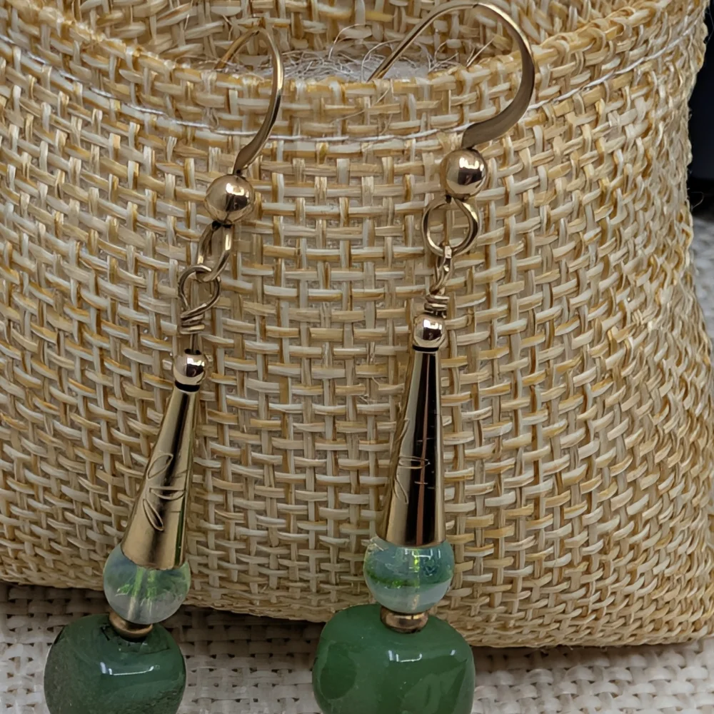 Vintage Handmade Green Glass Dangle Earrings | Boho Drop Style | Lightweight